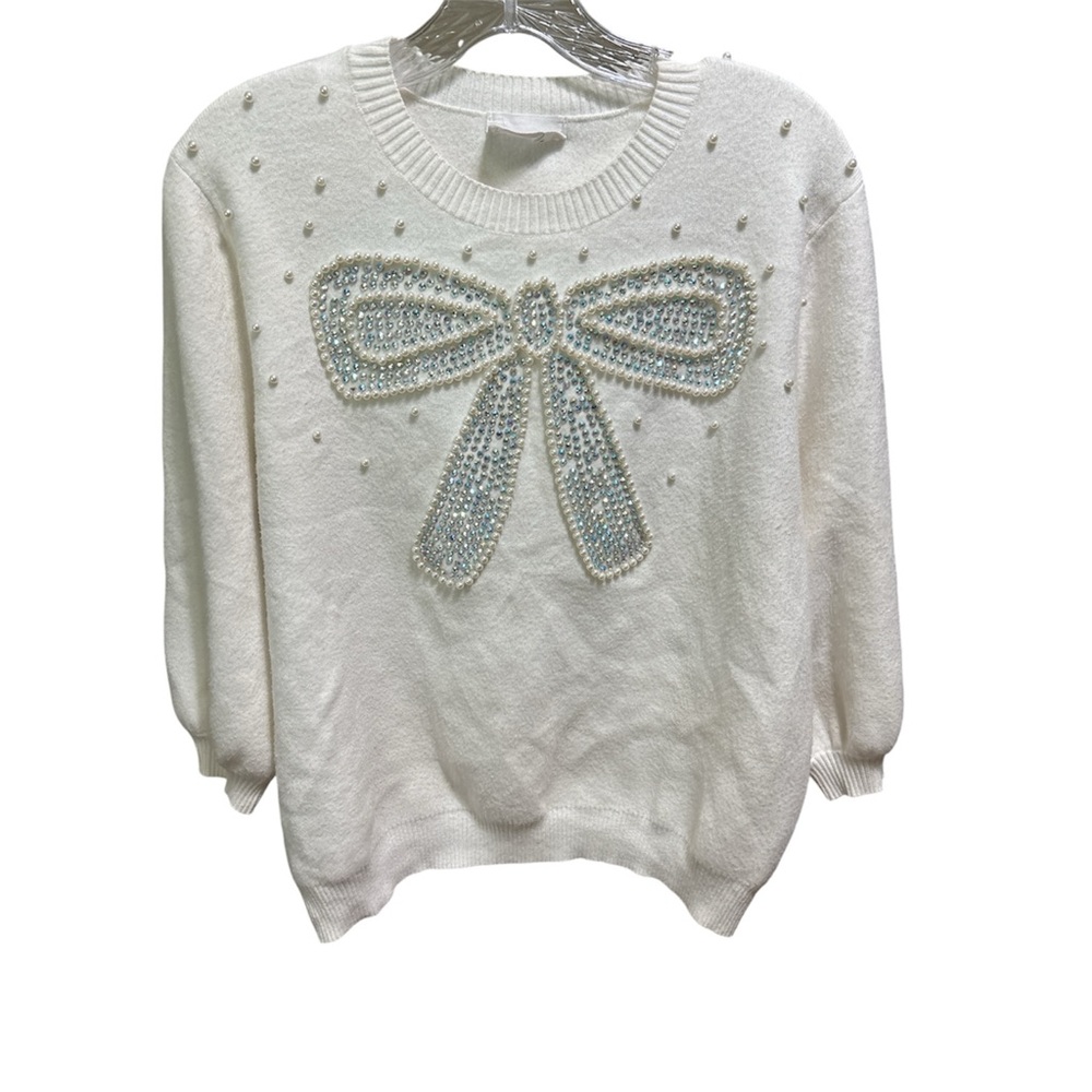 DeeDee Boutique Cream Crew Neck Sweater with Bow & Beads Medium